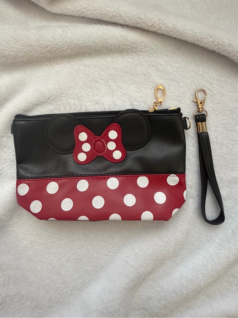Black and Red Polka Dot Wristlet Pouch with Bow Accent